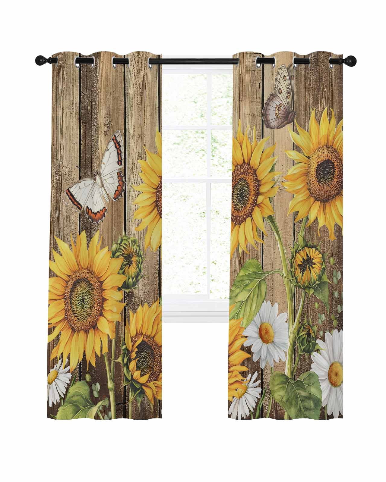 Sunflower Blackout Curtains 84 Inch Length Farmhouse Retro White Yellow ...