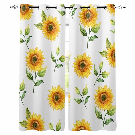 Sunflower Blackout Curtains for Bedroom Living Room Darkening Curtains 90 Inch Yellow Spring Watercolor Floral White Black Out Window Curtain Privacy Window Treatment Grommet Drapes 52"x90"x2