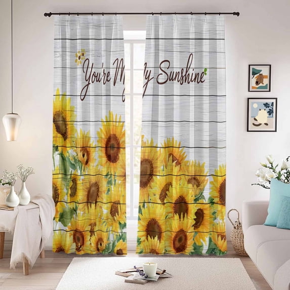 Sunflower Blackout Curtains for Bedroom/Living Room, Pinch Pleated Black Out Curtains, Yellow Summer Botanical Farmhouse Floral Wooden Room Darkening Window Drapes with Hooks 2 Panels, 59"x70"