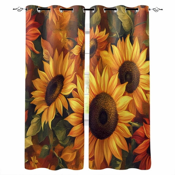 Sunflower Blackout Curtains for Bedroom/Living Room, Thermal Insulated Kitchen Curtains, Spring Summer Floral Watercolor Botanical Grommet Darkening Window Treatment Drapes 52"x84"x2