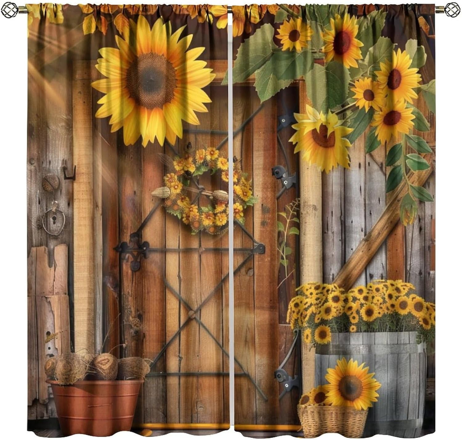 Sunflower Blackout Curtains Farmhouse Brown Wooden Barn Door Yellow