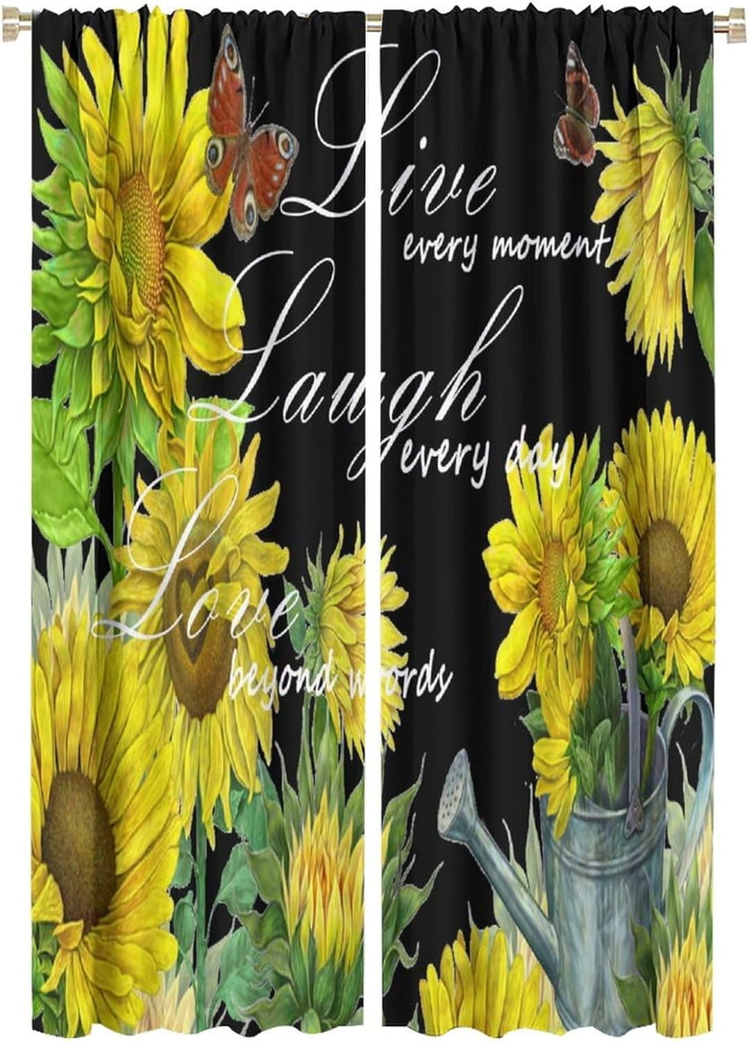 Sunflower Blackout Curtains Farmhouse Rustic Sunflower Butterfly Green Yellow Black Girls Women Bedroom Living Room Rod Pocket Decoration Window Drapes 2 Panels W21xL63in