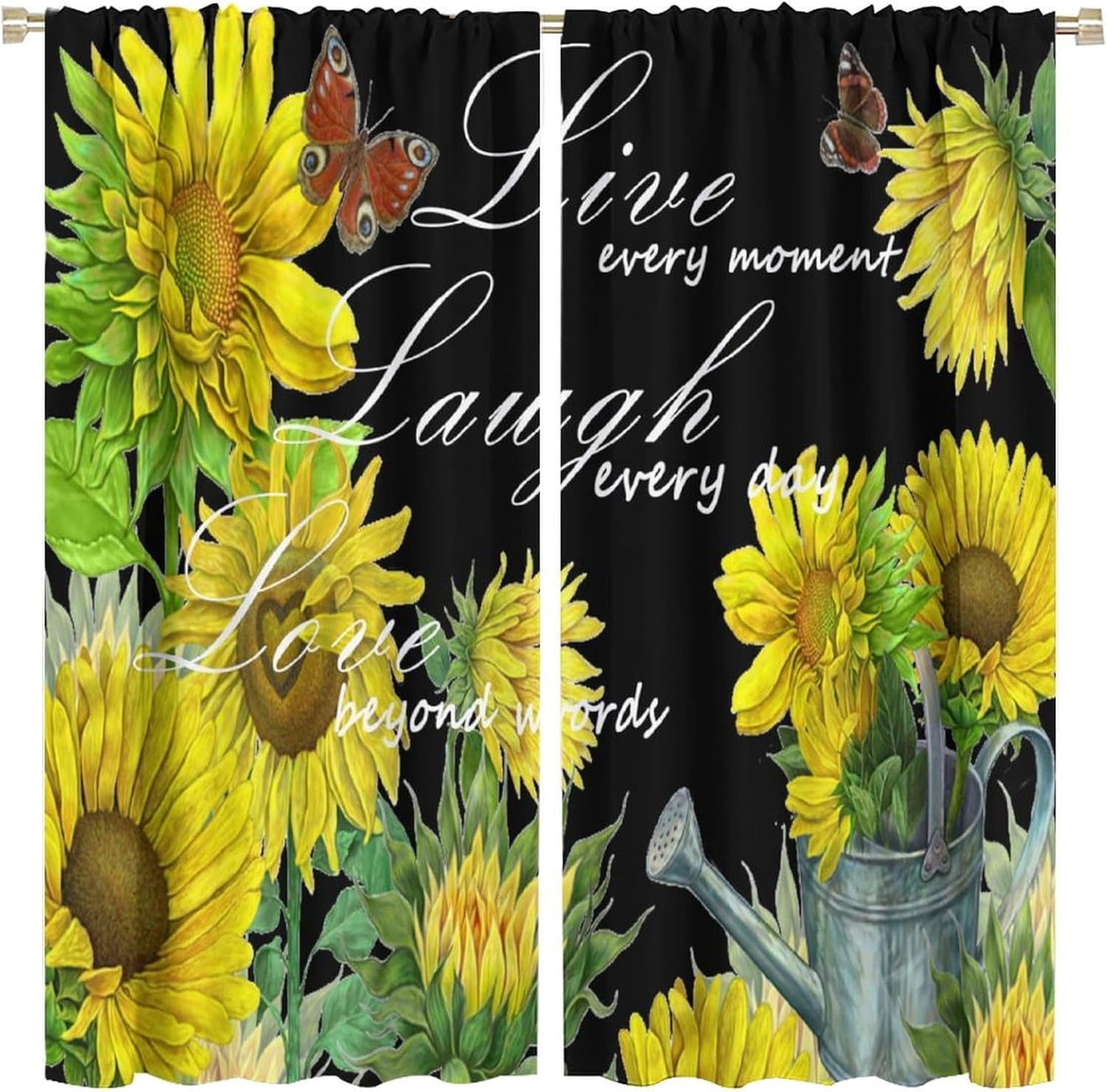 Sunflower Blackout Curtains Farmhouse Rustic Sunflower Butterfly Green Yellow Black Girls Women Bedroom Living Room Rod Pocket Decoration Window Drapes 2 Panels W52xL84in