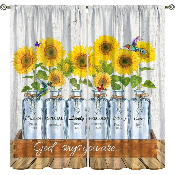 Sunflower Blackout Curtains for Kitchen,Vintage Rustic Watercolour Vase Natural Sunshine Sunflower Butterfly Bird Window Drapes Print for Boys Girls Bedroom Living Room 42x54in