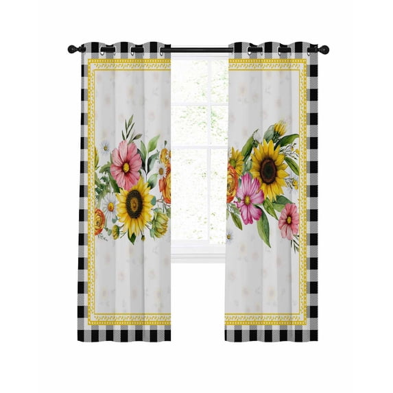 Sunflower Blackout Curtains, Light Blocking Print Window Curtains, Pink Yellow Floral Elegant Pastoral Botanical Thermal Insulated Window Drapes for Living Room 2 Panels, 104"W x 84"L