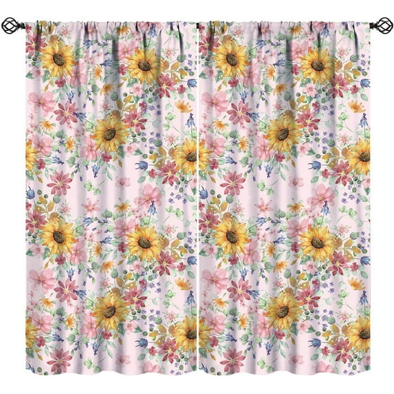 Sunflower Blackout Curtains Rustic Plants Colorful Flowers Green Leaves Watercolor Pink Art Printed for Girls Women Bedroom Living Room Rod Pocket Decoration Window Drapes 2 Panels W26xL84in