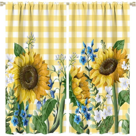 Sunflower Blackout Curtains Spring Beautiful Floral Bright Yellow White Buffalo Check Plaid Colorful Rustic Art Print for Living Room Bedroom Kitchen Decor Rod Pocket Window Drapes 2 Panels 52x84in