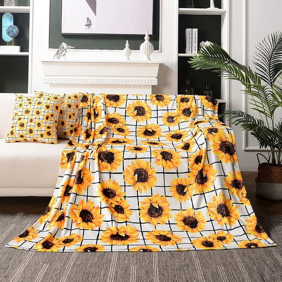 Sunflower Blanket 50"x60" ,Decorative Sunflower White Fleece Throw Blanket ,Fuzzy Soft Cozy Warm Lightweight Blanket for Sofa,Couch,Bed,Travel(no pillow case)