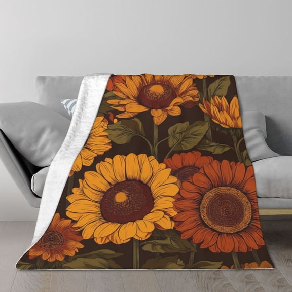 Sunflower Blanket Earthy Tone Autumnal Flower Pattern, Lightweight Plush Flannel Throw, Rustic Botanical Home Accent 50x40