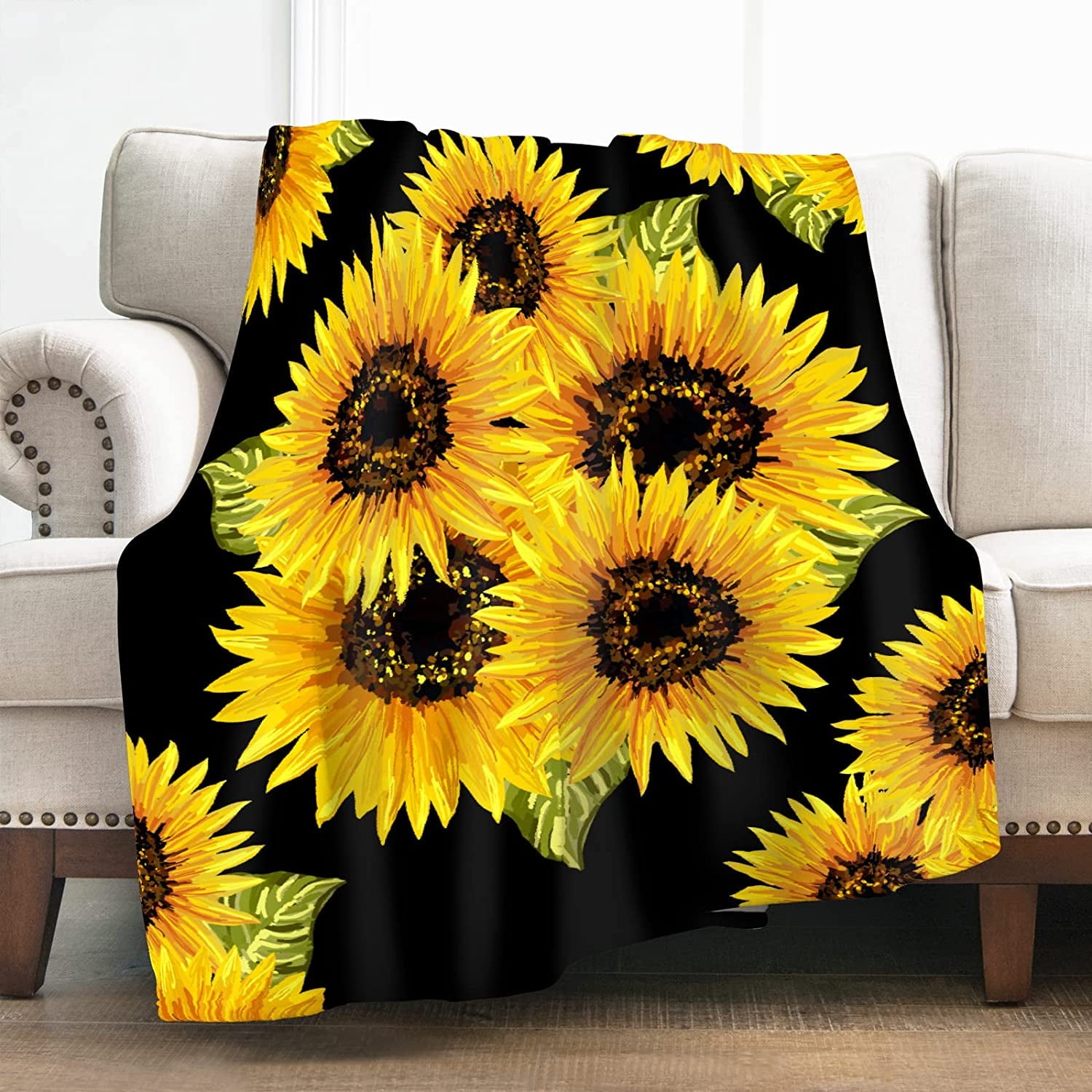 Sunflower Blanket Gifts for Women Girls Men Decor for Home Bedroom Living Room Chair Dorm, Warm Soft Cozy Smooth Lightweight Throw Plush Blankets Black Twin 60"x80"
