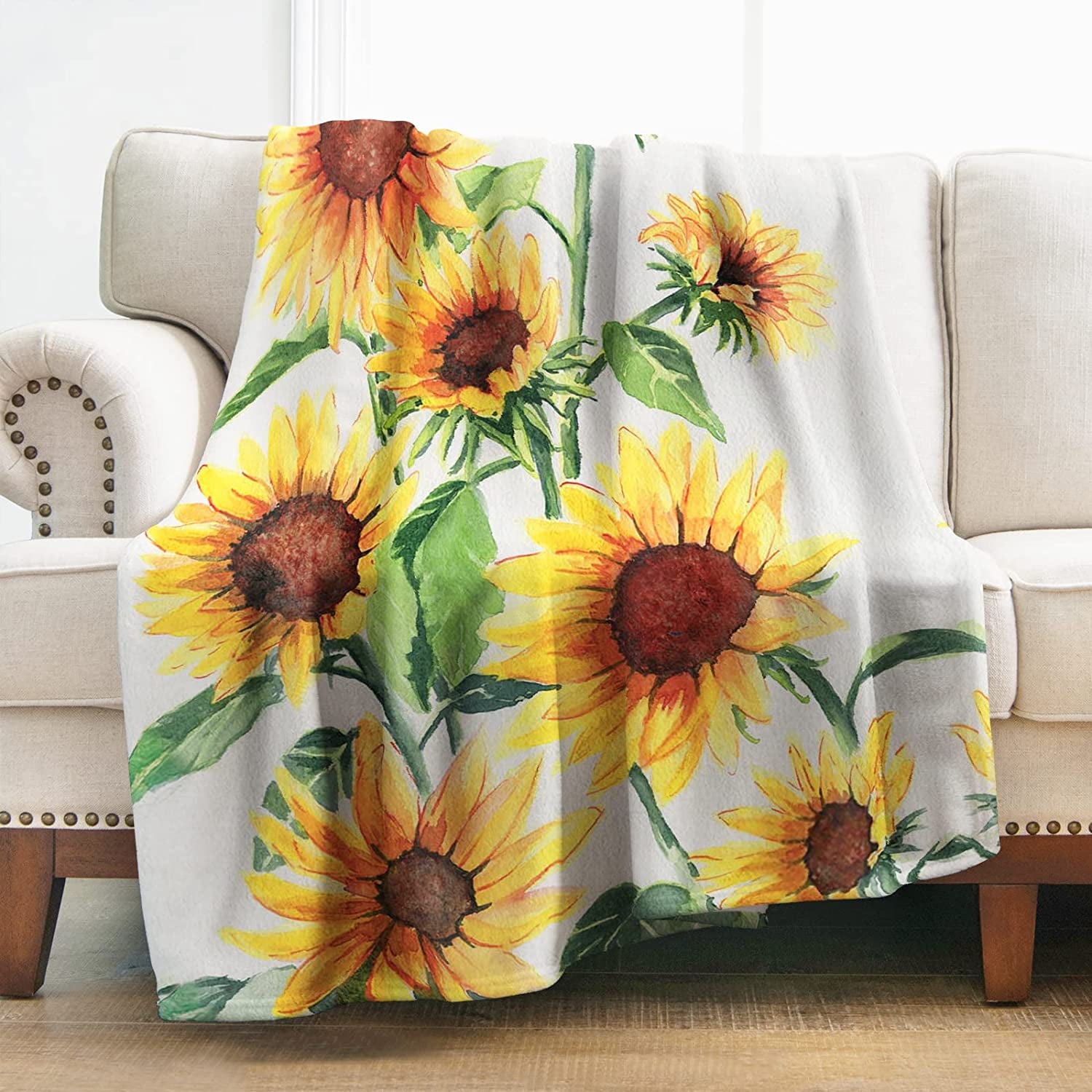Sunflower Blanket Gifts for Women Girls Mom Decor for Home Bedroom Living Room Office Dorm, Soft Fluffy Lightweight Throw Blankets White 50"x60"