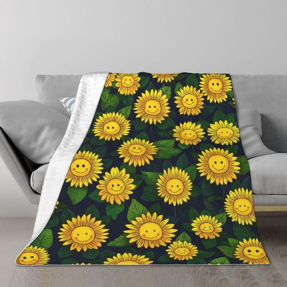 Sunflower Blanket Happy Smiley Face Pattern, Soft Cozy Flannel Throw For Couch And Sofa, Whimsical Floral Nature Decor 50x40
