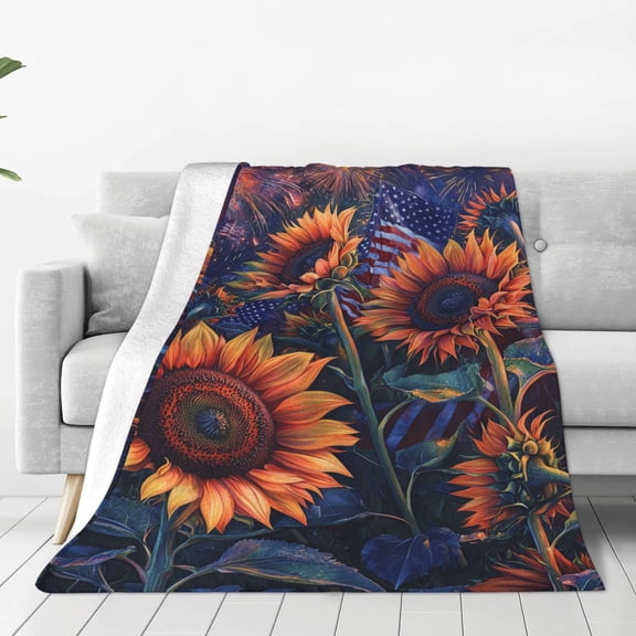 Sunflower Blanket, Independence Day Flannel Throw, Soft Warm Blanket for Bed Couch & Travel, 50x40