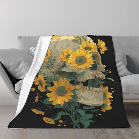 Sunflower Blanket Skull Botanical Aesthetic Art, Lightweight Plush Flannel Throw, Artistic Dark Academia Home Accent 60x50