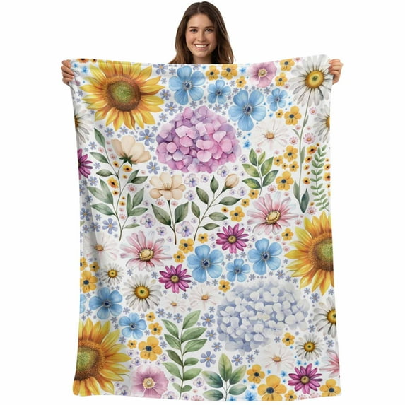 Sunflower Blanket Soft Cozy Warm Throw Blanket for Couch, Plush Fuzzy Flannel Fleece Blankets for Sofa, Colorful Flowers Summer Botanical Watercolor Bed Blankets Lightweight Gifts for Women, 40"x50"