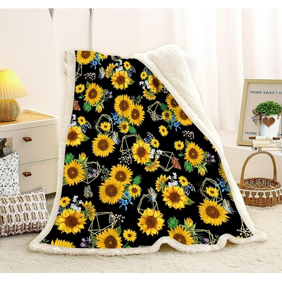 Sunflower Blanket Sunflower Gifts for Women Throw Blanket,Sunflower Gifts Bedding Decor Black Throw Blanket,Sunflower Stuff Decorations Warm Soft Sherpa Thick Blanketfor Bed Sofa Office