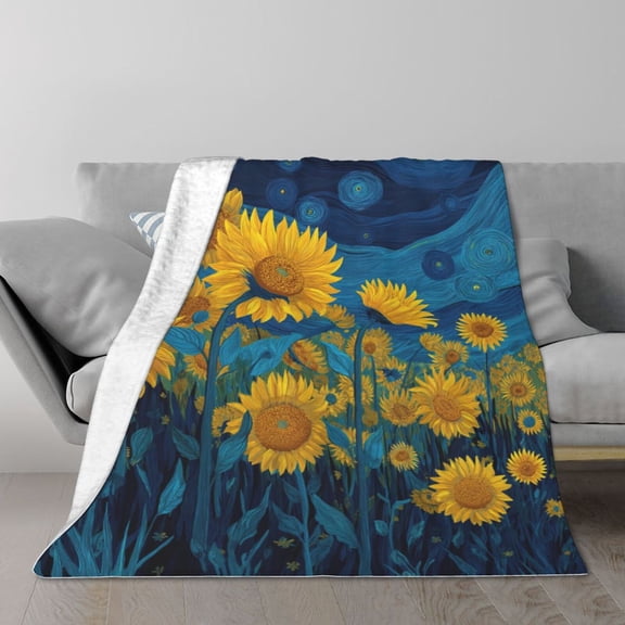 Sunflower Blanket Swirling Night Clouds Yellow Blooms, Decorative Cozy Flannel Throw For Sofa, Vibrant Nature Art Home Decor 50x40