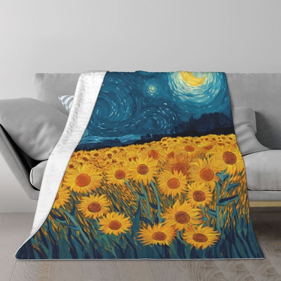 Sunflower Blanket Swirly Starry Sky Meadow, Lightweight Plush Flannel Throw, Artistic Celestial Botanical Home Accent 50x40