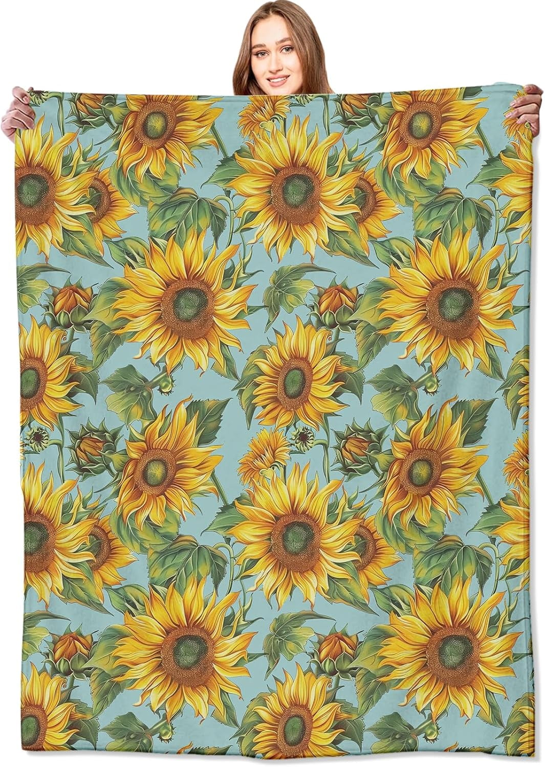Sunflower Flannel Throw Blanket - 50x40 Inch, Soft Warm Cozy Blanket For Couch, Bed, Gift For Sunflower Lovers