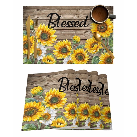 Sunflower Blessed Placemats Set of 6 Floral Farm Vintage Wood Striped Texture Heat Insulation Washable Place Mats, Rustic Non-Slip Table Mats for Dining Table Party Kitchen Decor,13x19 Inch