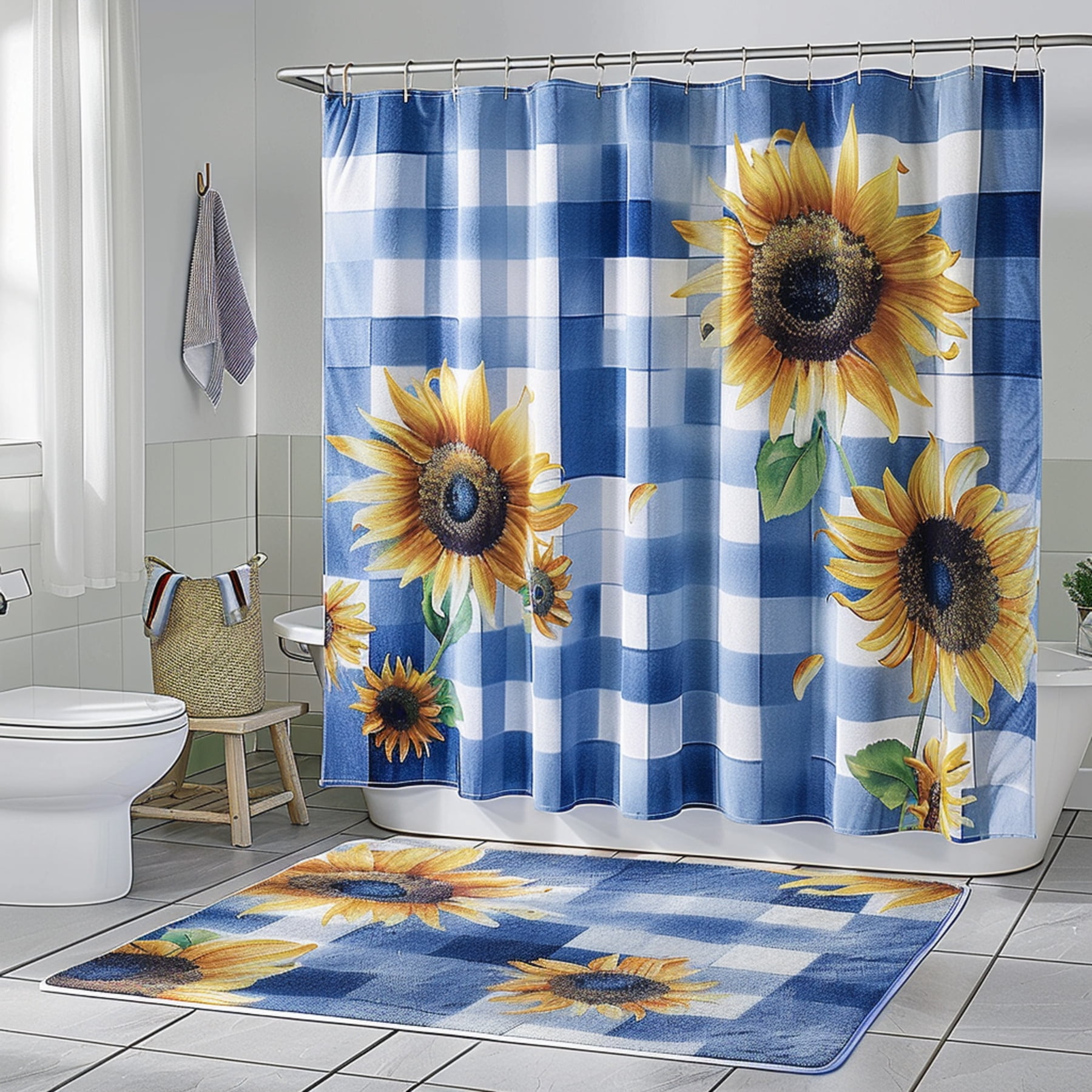 Sunflower Bliss Bathroom Set: Blue Checkered Shower Curtain & Matching