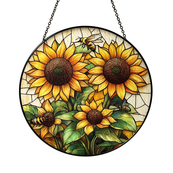 Sunflower Bloom And Bees Window Suncatcher, Stained Glass Style Pollinator Gift