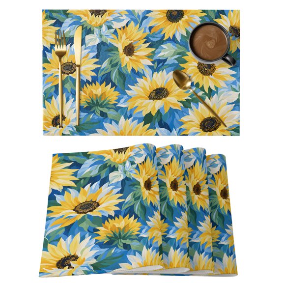 Sunflower Blooms Placemats Set of 1, Summer Green Leaf Yellow Petals Shabby Chic Non-Slip Place Mats Washable Table Mats for Kitchen Dining Table Decorations Indoor/Outdoor
