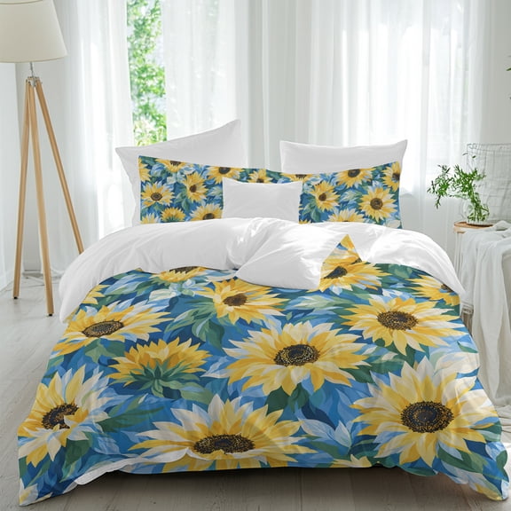 Sunflower Blooms Queen Duvet Cover Set, Summer Green Leaf Yellow Petals Shabby Chic 4 Piece Microfiber Bedding Set with Zipper Closure, Bed Sheet and 2 Pillow Shams, Soft Bedding Cover
