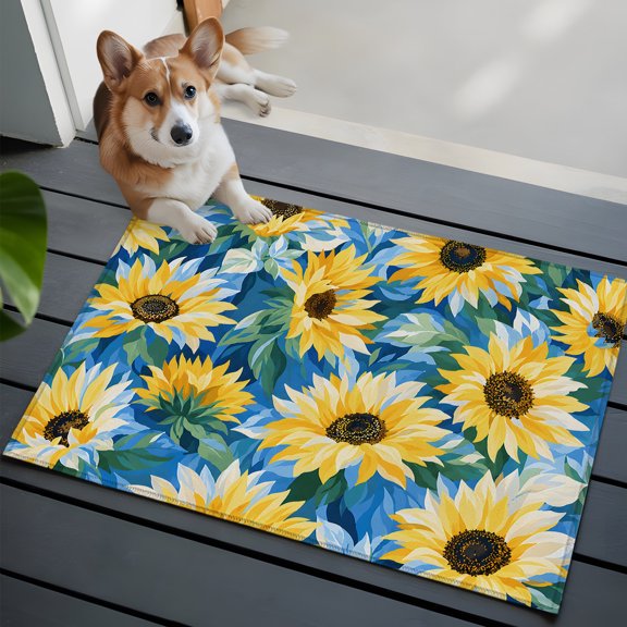 Sunflower Blooms Small Area Rugs 2x3 Summer Green Leaf Yellow Petals Shabby Chic Entryway Rugs Washable Door Mat, Low-Profile Area Rugs Non Slip Floor Carpet for Living Room Bedroom Home Office
