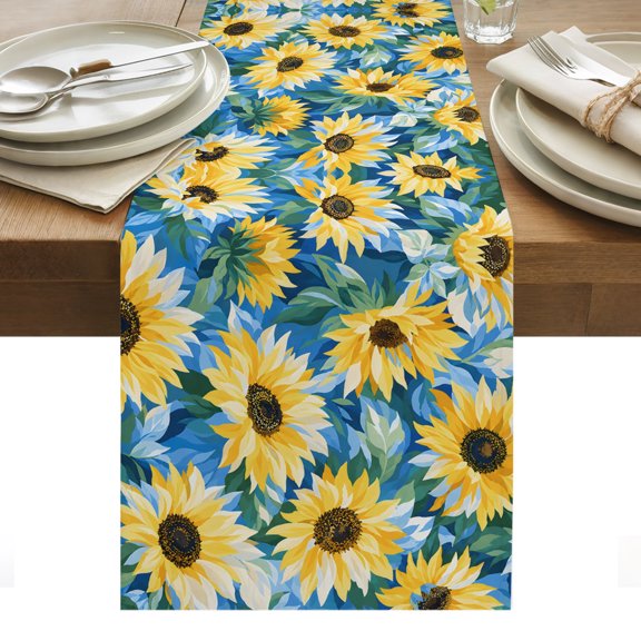 Sunflower Blooms Table Runner, Summer Green Leaf Yellow Petals Shabby Chic Washable Kitchen Table Runners Dress Scarves for Dining Table Decorations Party/Restaurant/Indoor Outdoor Use, 13x36in