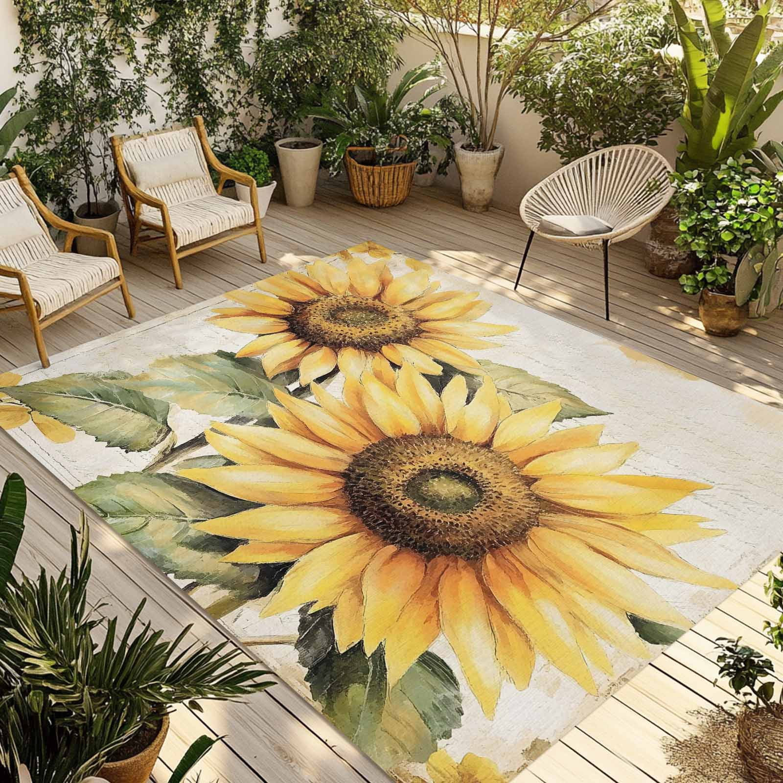 Sunflower Blossom Outdoor Rug 5x7 Ft - Reversible Patio Rug Outdoor Camping Rugs, Spring Summer Retro Botanical Floral Washable Indoor Outdoor Area Rugs, Non-Slip Outdoor Carpet Runner for Deck/Porch