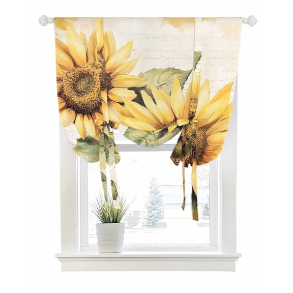 Sunflower Blossom Tie Up Curtains for Window, Thermal Insulated Balloon Shade Adjustable Rod Pocket Curtains Valance Panels for Kitchen Bathroom Cafe 42 x 45 Spring Summer Retro Botanical Floral