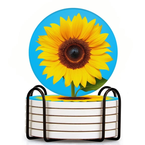 Sunflower Against Blue Background Set of 6 Ceramic Coasters with Holder, Absorbent Drink Bar Coasters, Table Coasters for Living Room Decor Tabletop Protection