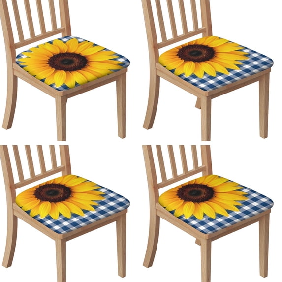 Sunflower on Blue Checkered Background Seat Covers for Dining Room Chairs Set Of 4,Stretch Printed Washable Chair Seat Cover with Elastic Ties and Button,Removable Waterproof Couch Cushion Covers