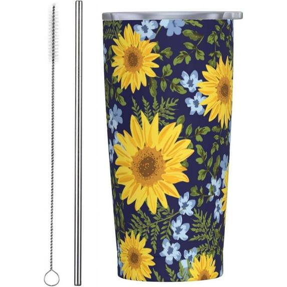 Sunflower Blue Flower 20oz Stainless Steel Cups, Insulated Stainless Steel Travel Coffee Mug Tumbler With Lid And Straw Durable Coffee Cup Water Bottle For Hot & Cold Drinks