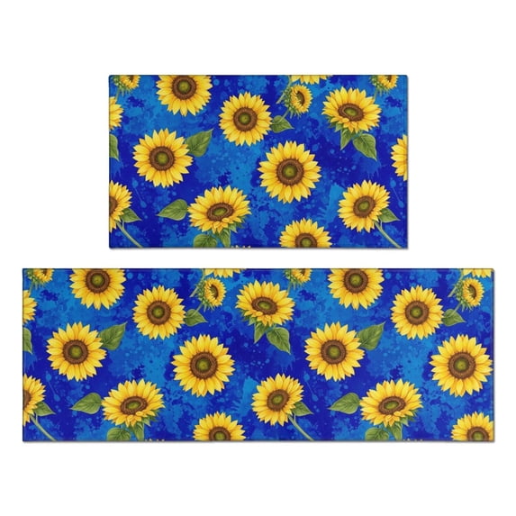 Sunflower Blue Pattern Anti Fatigue Kitchen Rugs Set Of 2, Non Slip Washable Decorative Floor Mats for Kitchen Sink Laundry, 17"x30" and 17"x47"