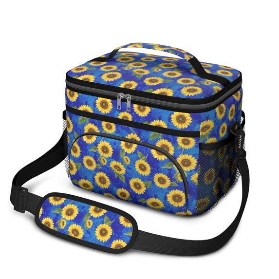 Sunflower Blue Pattern Insulated Lunch Box for Women Men, Medium Leakproof Cooler Bag with Adjustable Strap, 10"x6.7"x8"