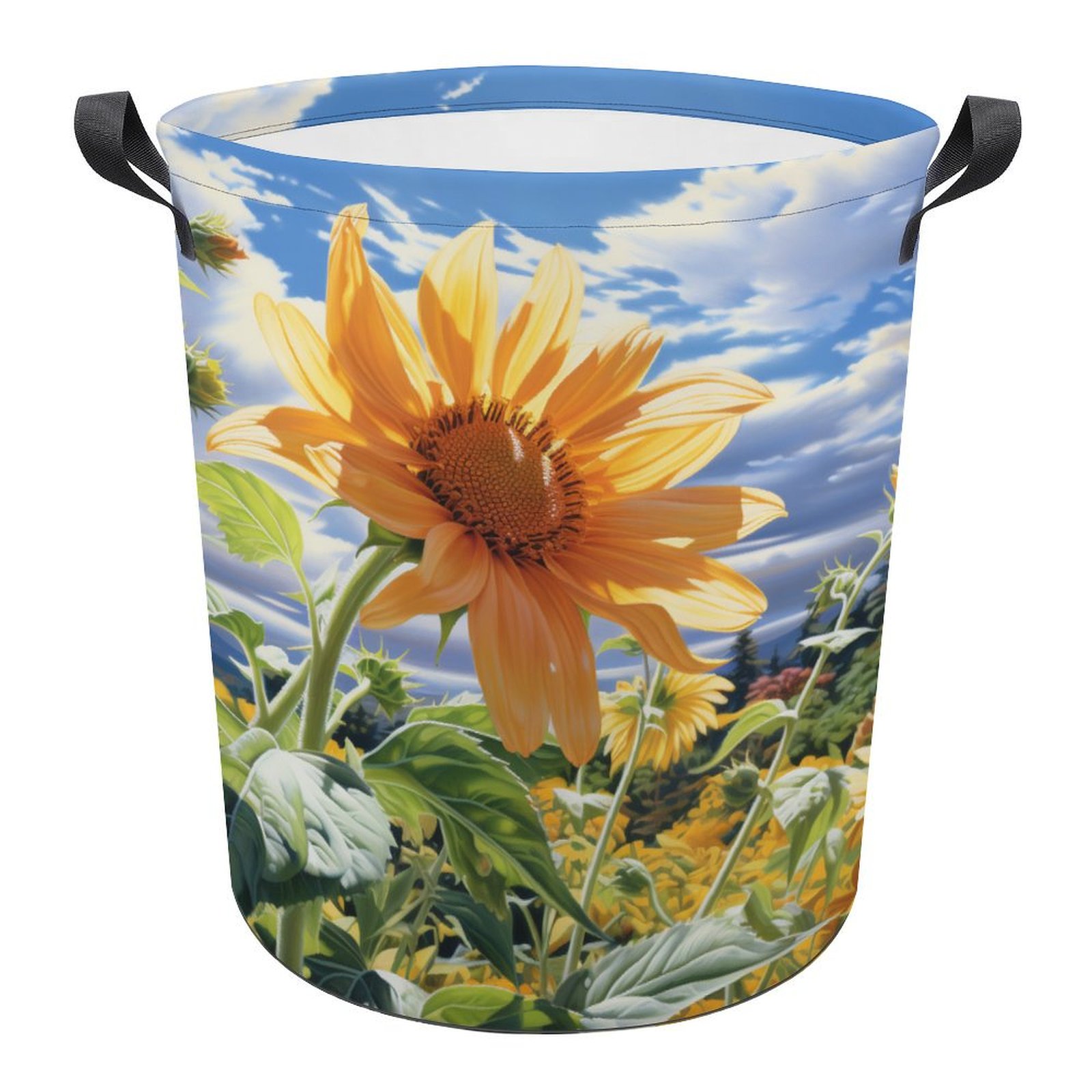 Black Sunflower Print Laundry Basket