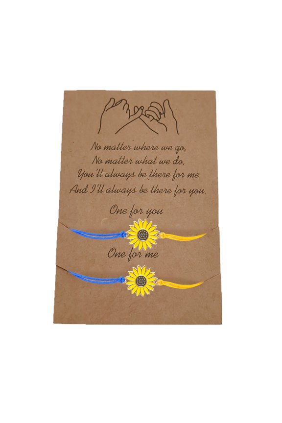 Sunflower Blue Yellow Wax Thread Friendship Bracelet, 2Pcs Adjustable Woven Bracelet for Unity Hope Gift