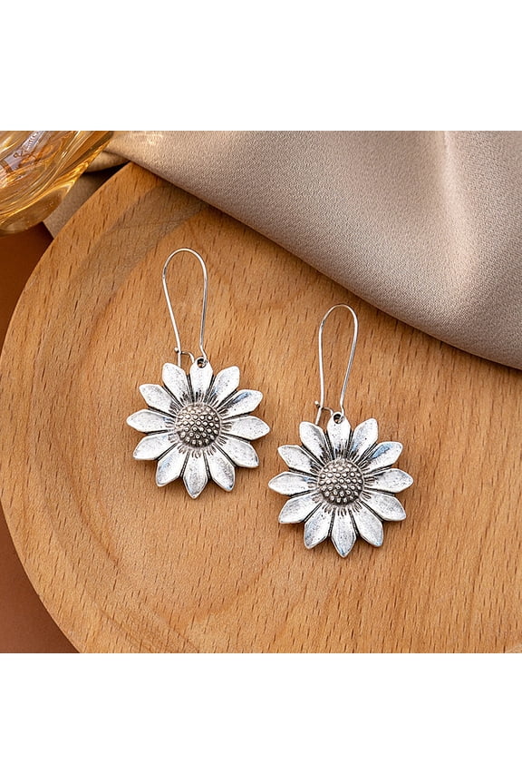 Sunflower Bohemian style Zinc Alloy Hoop Earrings with Iron Antique Silver 51x28mm
