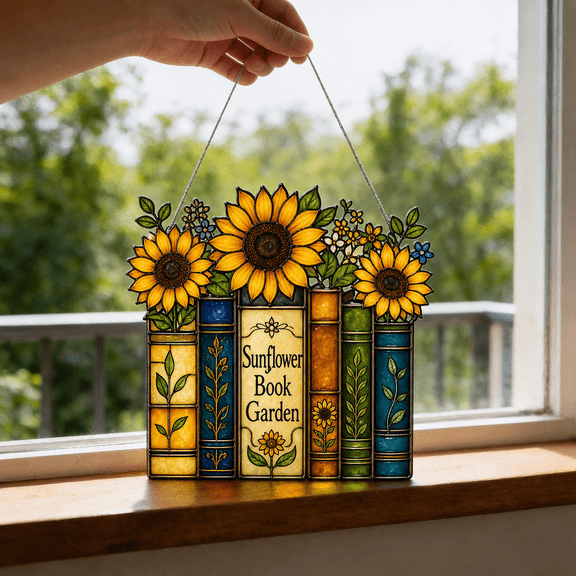Sunflower Book Garden Acrylic Suncatcher Window Hanging Gift for Mom