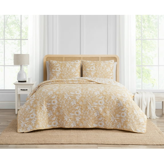 Sunflower Botanical Ochre 3-Piece All-Season Soft Woven Matelasse Jacquard Reversible Cotton Blend Quilt Set - Full/Queen