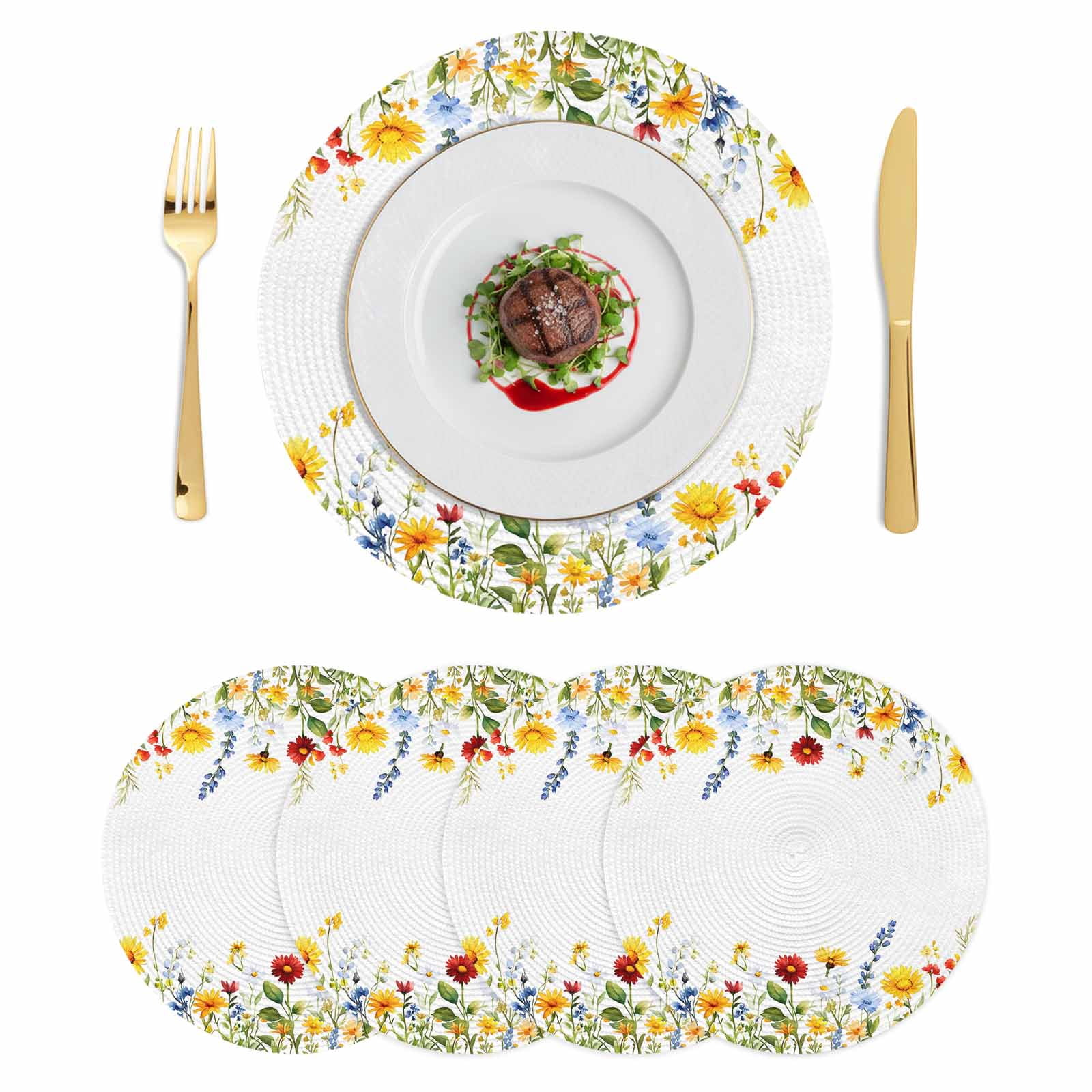 Sunflower Botanical Round Placemats Set of 4 Farmhouse Spring Floral ...