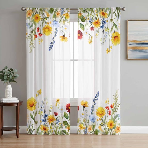 Sunflower Botanical Semi Sheer Curtains 96 Inch Length 2 Panels Set, Farmhouse Spring Floral Sheer Kitchen Curtain Privacy Voile Window Curtain for Living Room Bedroom Rod Pocket Drapes