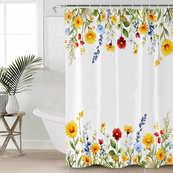 Sunflower Botanical Shower Curtain Set, Waterproof Shower Curtains for Bathroom, Farmhouse Spring Floral Washable Fabric Cloth Bath Curtain for Bathtub Decoration with Hooks 60x72 Inches