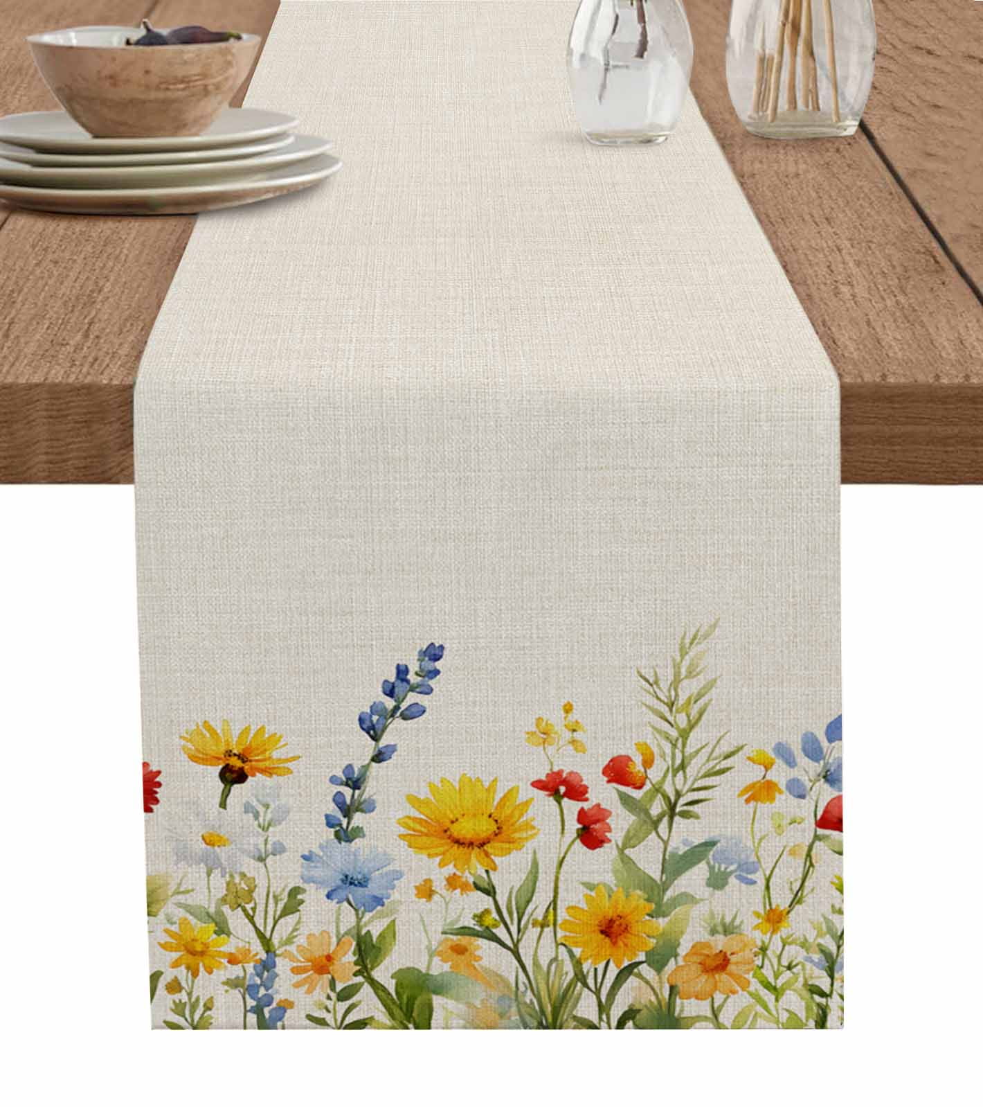 Sunflower Botanical Table Runner 72 Inches, Pastoral Spring Floral Bed ...