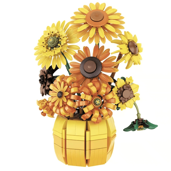 Sunflower Bouquet Building Block Set, Artificial Indoor Flowers Building Set, Floral Decor for Home Office Desk