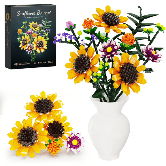 Sunflower Bouquet Building Set, Flower Botanical Collection Blocks Kit Compatible with Lego for Adults Women and Teens Girls 8+ Valentines Day Artificial Flower Decor (1161PCS)