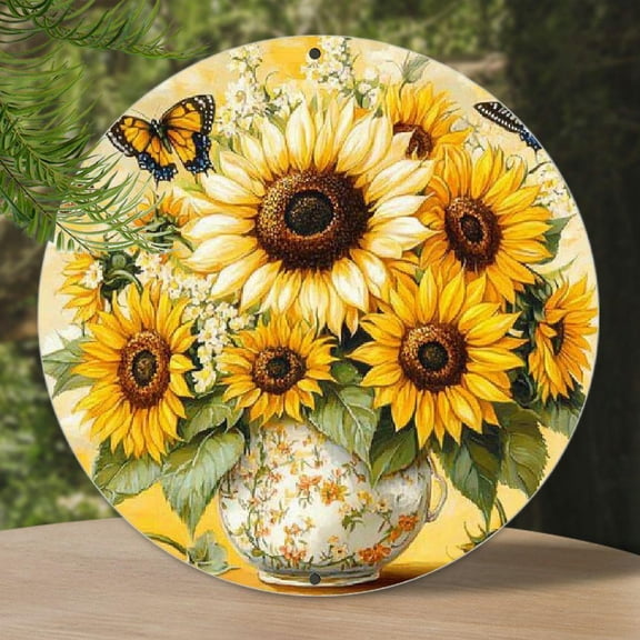 Sunflower Bouquet & Butterflies Wall Art, Country Floral Round Plaque For Farmhouse Decor, 1pc, 8" Round Aluminum Sign, Metal Signs, Wall Decor For Kitchen, Door, Office, Room, Home Decor, Ideal Gift