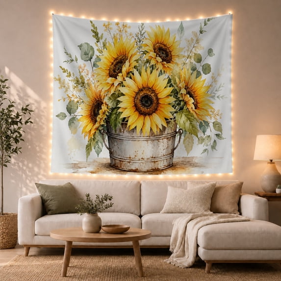 Sunflower Bouquet in Galvanized Bucket, Cheerful Rustic Farmhouse for Flower Lovers, Botanical Wall Art, Housewarming Gift, Tapestry Wall Hanging for Kitchen and Living Room